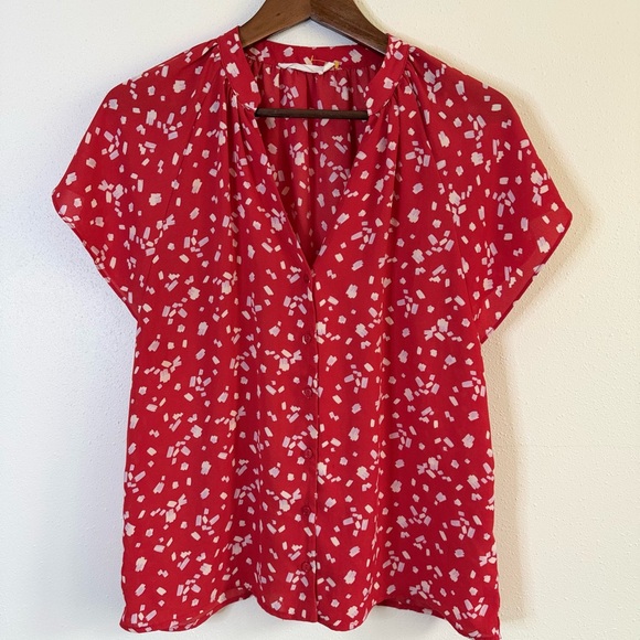 Lush Tops - Lush Red Printed Blouse White Purple Detail V Neck Lightweight Top Size M